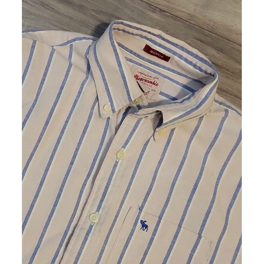 Abercrombie & Fitch Muscle Shirt Mens Medium Pink White Blue Stripes Button Up